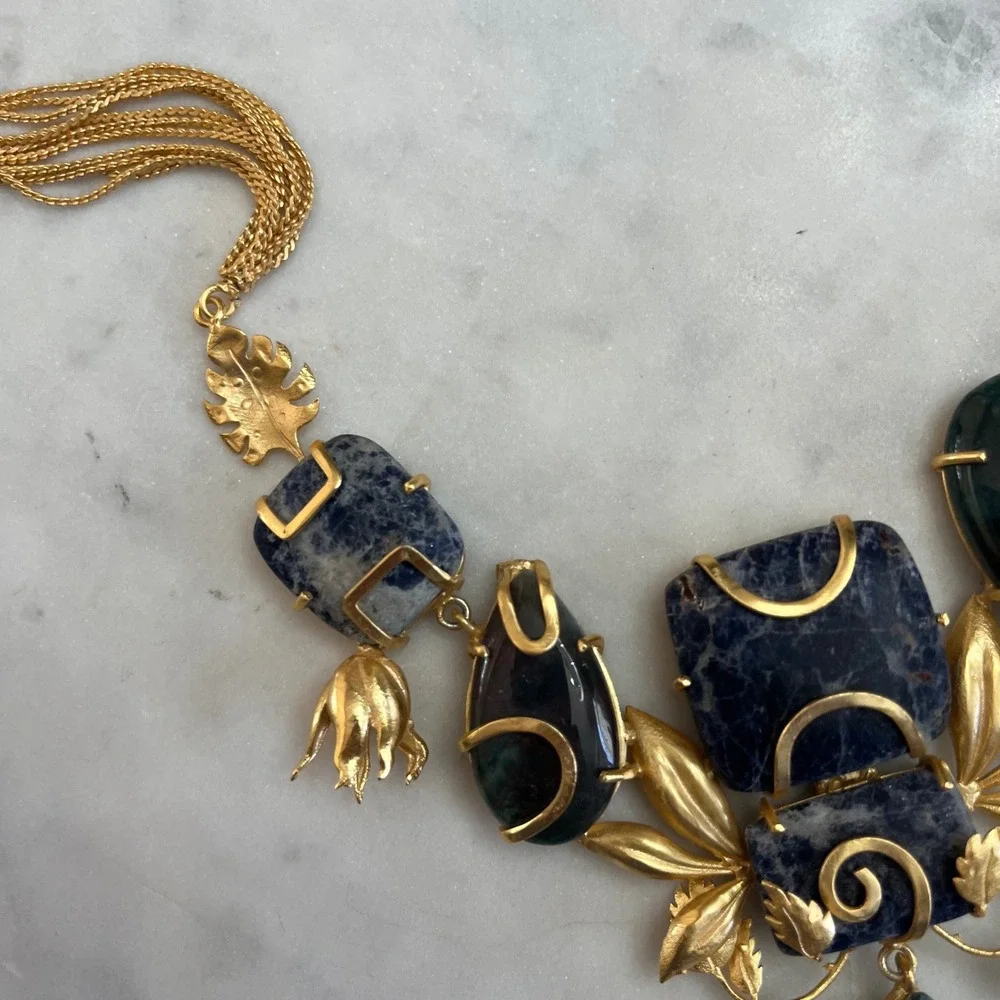 Gemstone Statement Necklace Sodalite Gold Tone‎ Floral Bib Grecian Boho Jewelry